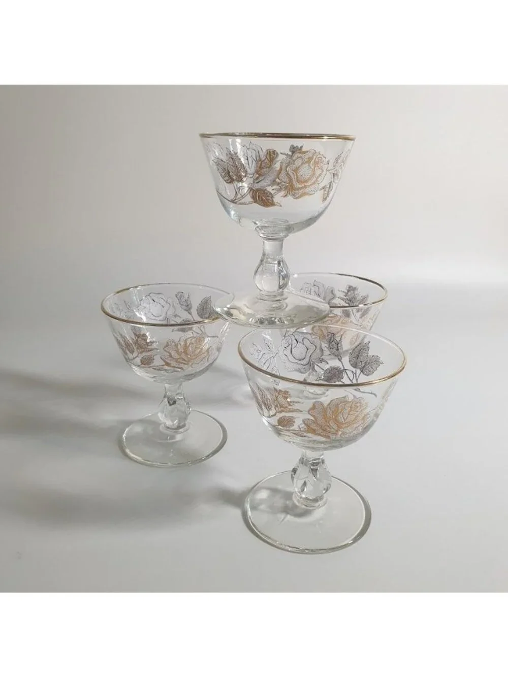 Vintage Floral Gold Trim Libbey Stemmed Glass Dessert Champagne Coupe Set of 4